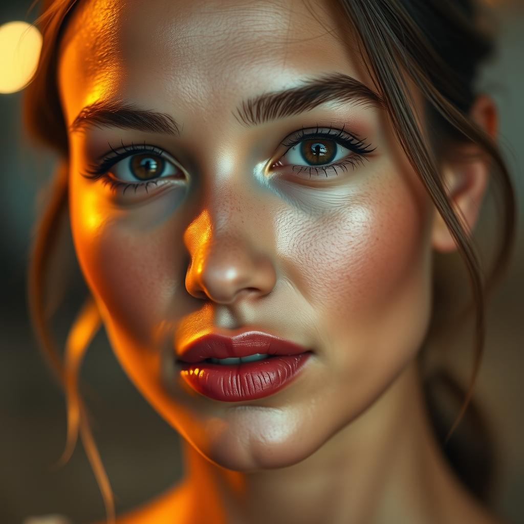 A close-up of a beautiful woman's face with clear and bright skin, illuminated by soft, warm cinematic lighting that highlights her features, emphasizing a flawless complexion