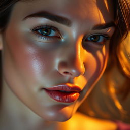 A close-up of a beautiful woman's face with clear and bright skin, illuminated by soft, warm cinematic lighting that highlights her features, emphasizing a flawless complexion