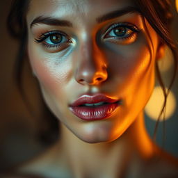 A close-up of a beautiful woman's face with clear and bright skin, illuminated by soft, warm cinematic lighting that highlights her features, emphasizing a flawless complexion