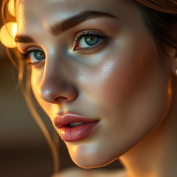 A close-up of a beautiful woman's face with clear and bright skin, illuminated by soft, warm cinematic lighting that highlights her features, emphasizing a flawless complexion