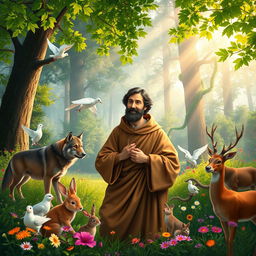 A tranquil and inspiring scene featuring Saint Francis of Assisi in a vibrant, natural setting