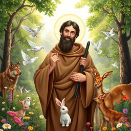A tranquil and inspiring scene featuring Saint Francis of Assisi in a vibrant, natural setting