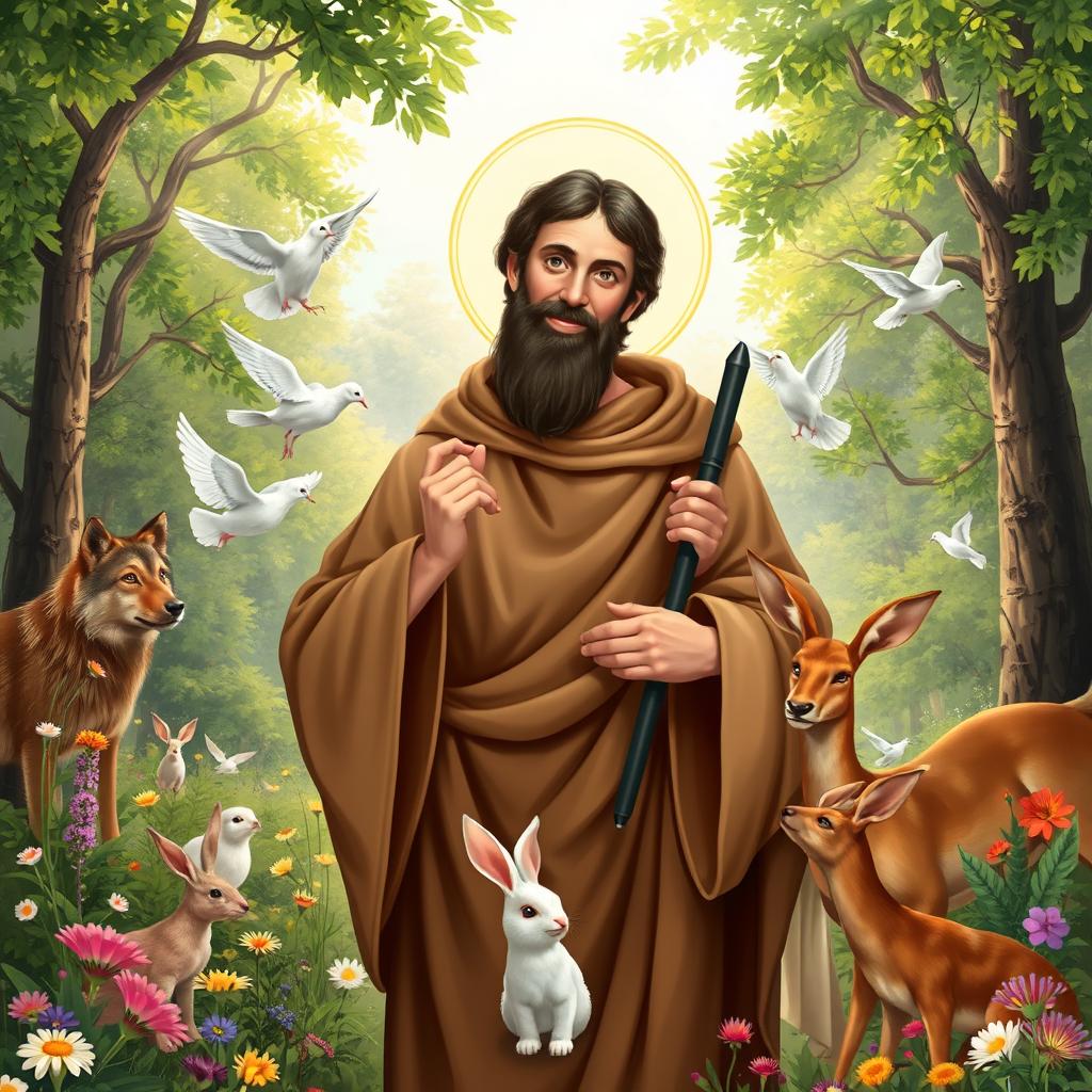A tranquil and inspiring scene featuring Saint Francis of Assisi in a vibrant, natural setting