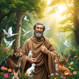 A tranquil and inspiring scene featuring Saint Francis of Assisi in a vibrant, natural setting