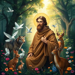 A tranquil and inspiring scene featuring Saint Francis of Assisi in a vibrant, natural setting
