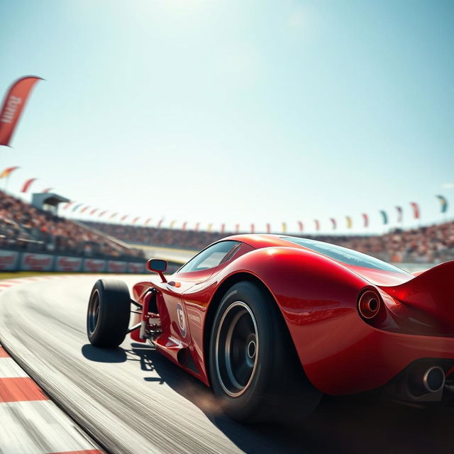 A sleek and shiny red race car speeding on a winding race track, showcasing its aerodynamic design and powerful contours