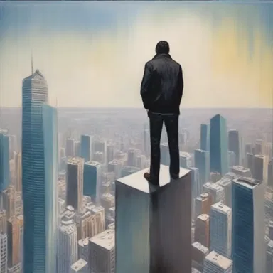The painting depicted a person with acrophobia experiencing intense anxiety while standing on top of a skyscraper.