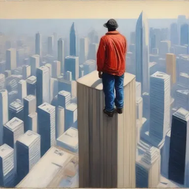 The painting depicted a person with acrophobia experiencing intense anxiety while standing on top of a skyscraper.