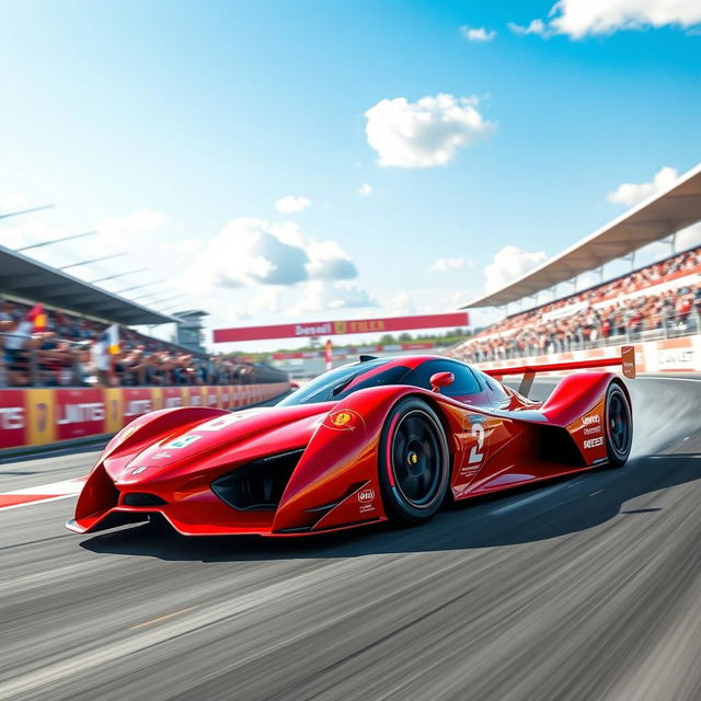 A dynamic racing scene featuring a sleek and futuristic red racing car speeding on a professional racetrack