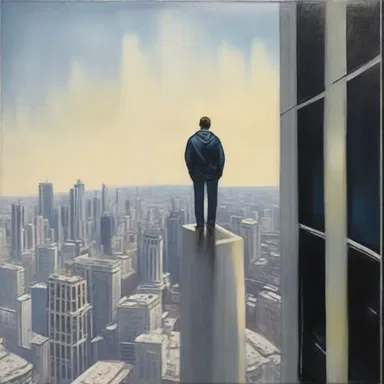 The painting depicted a person with acrophobia experiencing intense anxiety while standing on top of a skyscraper.