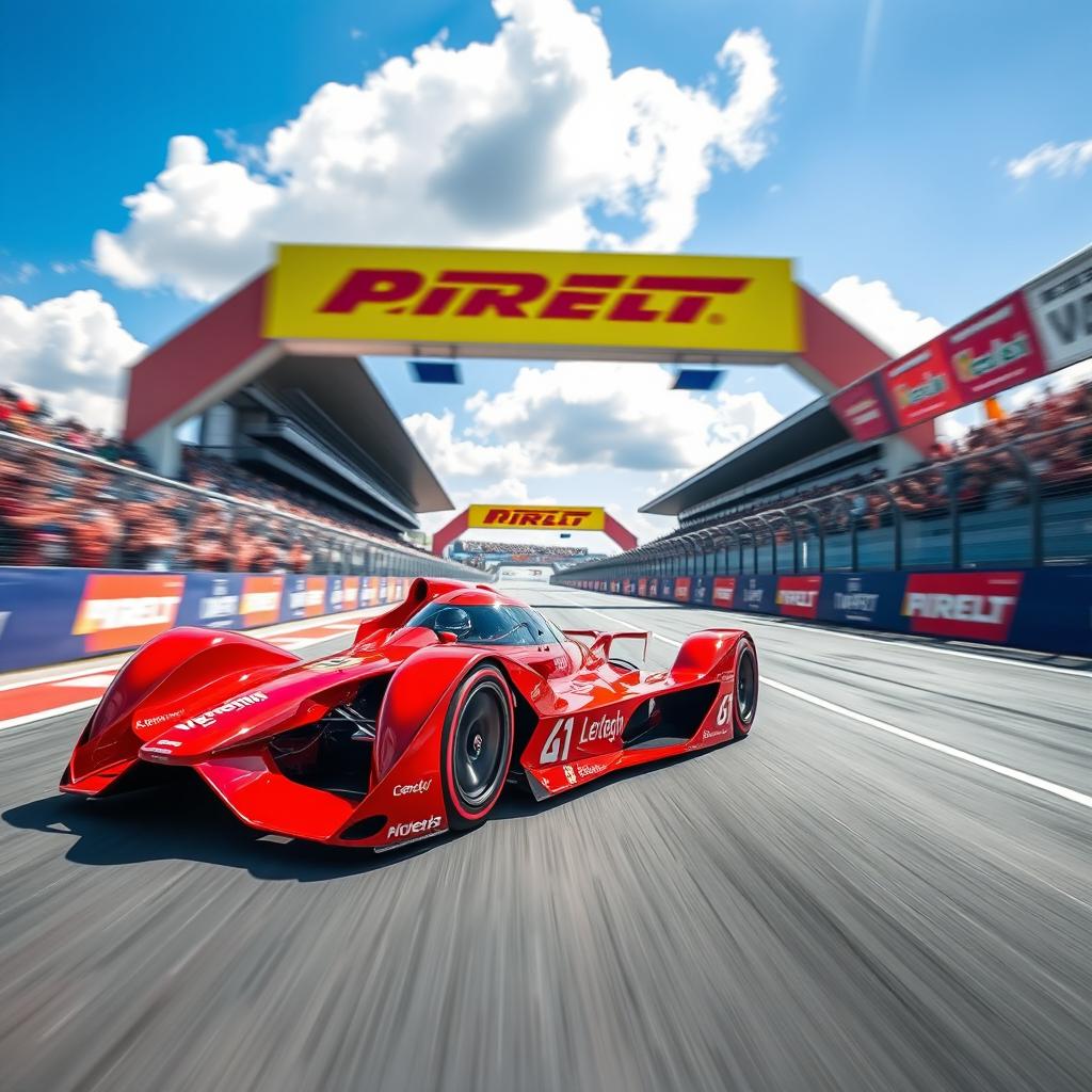 A dynamic racing scene featuring a sleek and futuristic red racing car speeding on a professional racetrack
