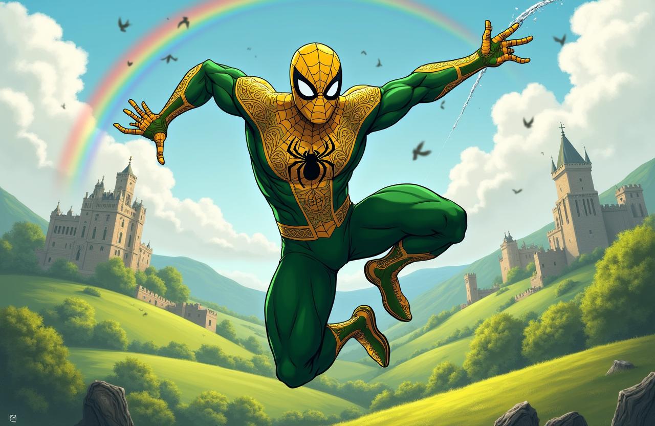 An imaginative illustration of Irish Spider-Man, featuring a costume that creatively blends traditional Irish symbols and colors with the classic Spider-Man design
