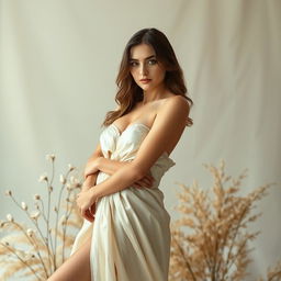 A beautiful woman posing confidently in an artistic and elegant manner, with her nude form highlighted by soft, natural lighting, gracefully draped in flowing silk fabric that subtly caresses her skin, emphasizing her natural curves