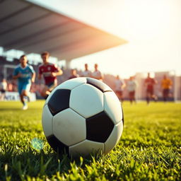 A vibrant and dynamic scene showcasing a classic soccer (football) ball positioned prominently on a lush green field, with the sun shining bright overhead