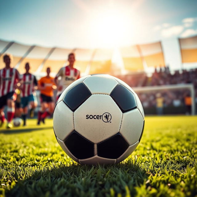 A vibrant and dynamic scene showcasing a classic soccer (football) ball positioned prominently on a lush green field, with the sun shining bright overhead