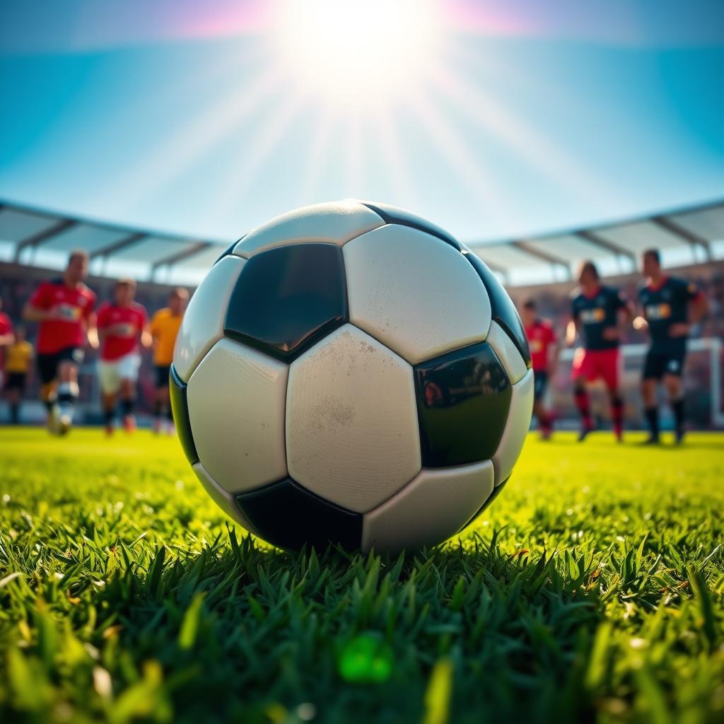 A vibrant and dynamic scene showcasing a classic soccer (football) ball positioned prominently on a lush green field, with the sun shining bright overhead