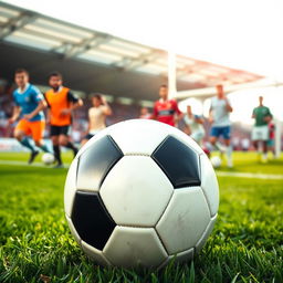 A vibrant and dynamic scene showcasing a classic soccer (football) ball positioned prominently on a lush green field, with the sun shining bright overhead