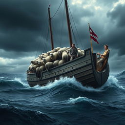A dramatic motion graphic depicting sheep smugglers at sea using a large boat
