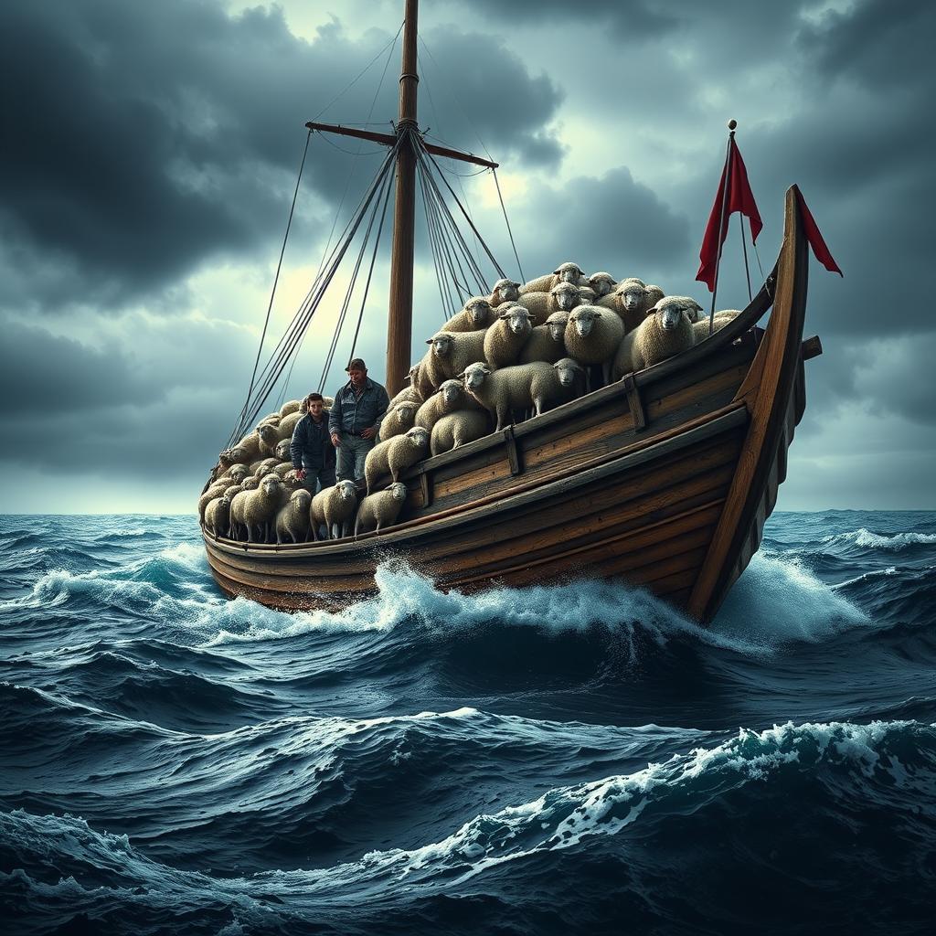 A dramatic motion graphic depicting sheep smugglers at sea using a large boat