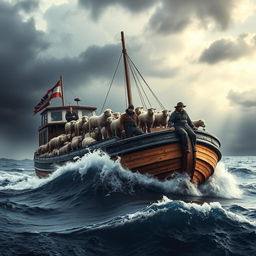 A dramatic motion graphic depicting sheep smugglers at sea using a large boat