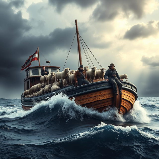 A dramatic motion graphic depicting sheep smugglers at sea using a large boat