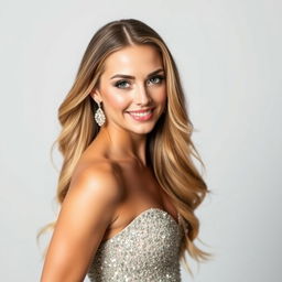 A beautiful portrait of a glamorous woman with long flowing hair, wearing an elegant, sparkling evening gown