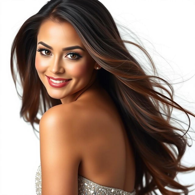 A beautiful portrait of a glamorous woman with long flowing hair, wearing an elegant, sparkling evening gown