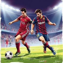 A powerful and dynamic illustration of Cristiano Ronaldo and Lionel Messi, showcasing their athletic prowess on a soccer field during an intense game