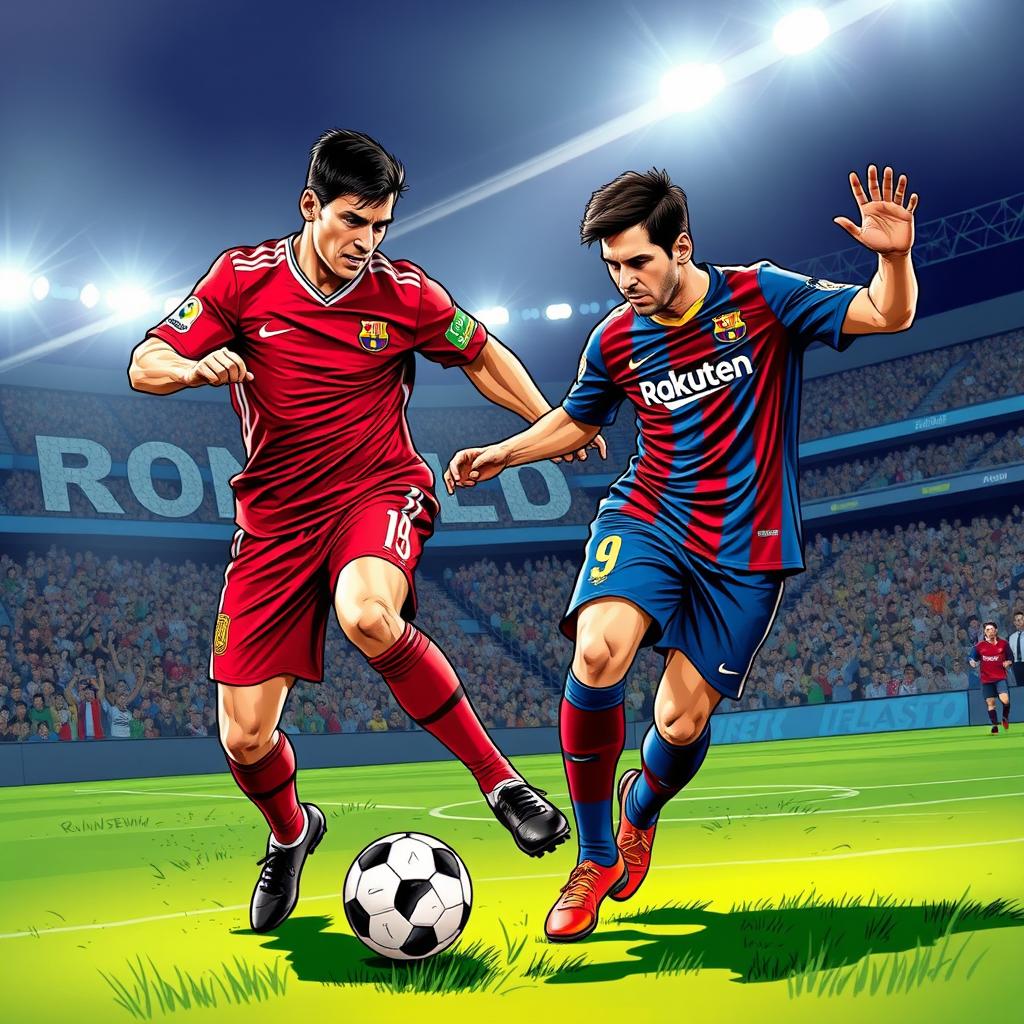 A powerful and dynamic illustration of Cristiano Ronaldo and Lionel Messi, showcasing their athletic prowess on a soccer field during an intense game