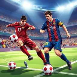 A powerful and dynamic illustration of Cristiano Ronaldo and Lionel Messi, showcasing their athletic prowess on a soccer field during an intense game