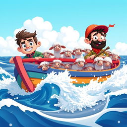 An animated scene depicting sheep smugglers at sea, showcasing a vibrant and action-filled moment