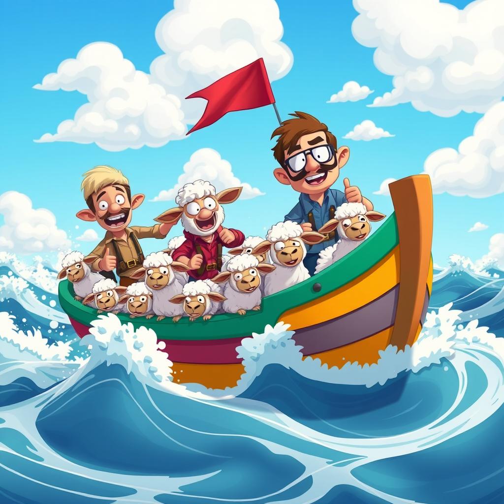 An animated scene depicting sheep smugglers at sea, showcasing a vibrant and action-filled moment