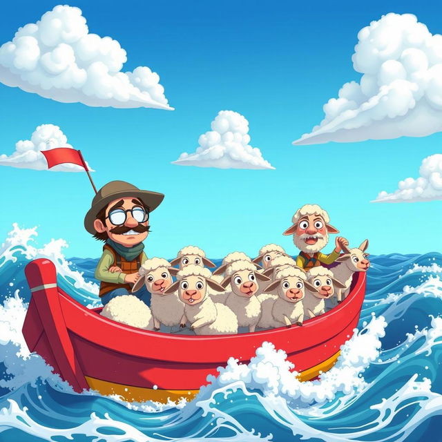 An animated scene depicting sheep smugglers at sea, showcasing a vibrant and action-filled moment