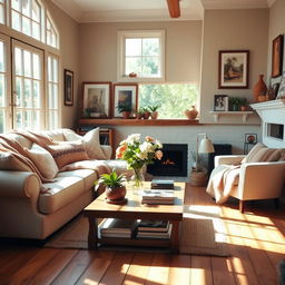 A cozy and inviting home interior, featuring a warm living room with a plush sofa, soft throw blankets, and decorative cushions