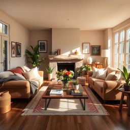 A cozy and inviting home interior, featuring a warm living room with a plush sofa, soft throw blankets, and decorative cushions