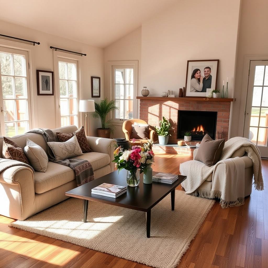 A cozy and inviting home interior, featuring a warm living room with a plush sofa, soft throw blankets, and decorative cushions