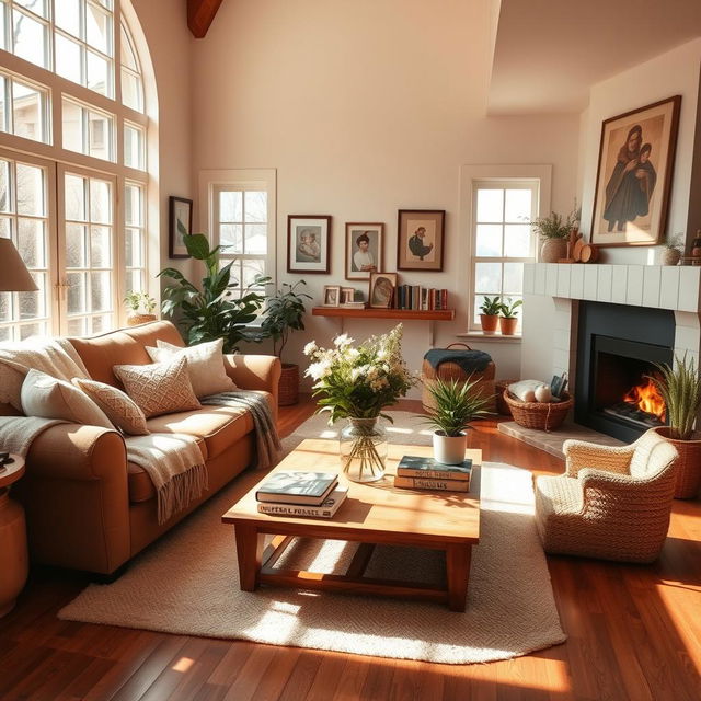 A cozy and inviting home interior, featuring a warm living room with a plush sofa, soft throw blankets, and decorative cushions