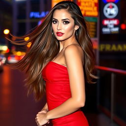 A stunning woman with flowing long hair, dressed in a chic, form-fitting red dress that elegantly accentuates her curves