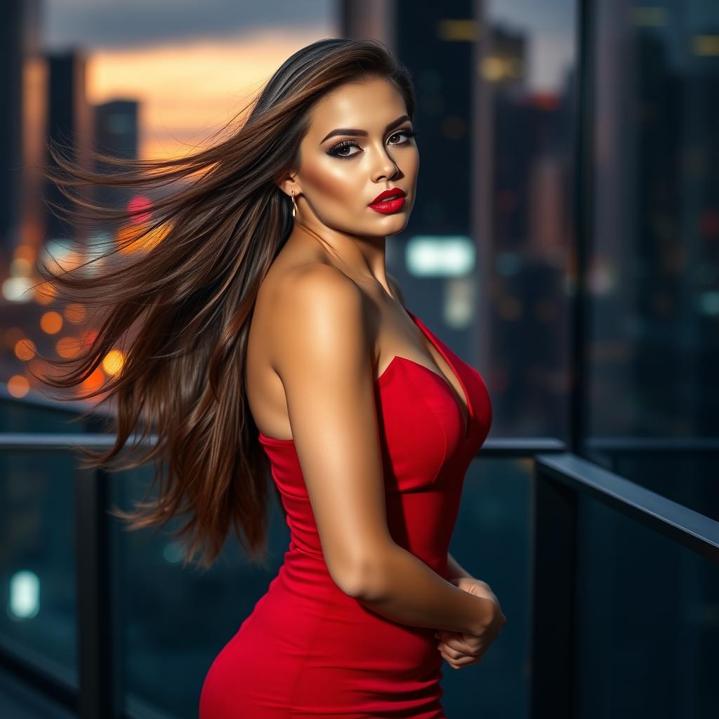 A stunning woman with flowing long hair, dressed in a chic, form-fitting red dress that elegantly accentuates her curves