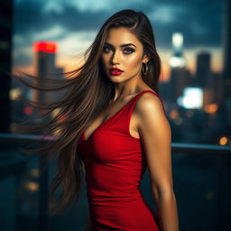 A stunning woman with flowing long hair, dressed in a chic, form-fitting red dress that elegantly accentuates her curves