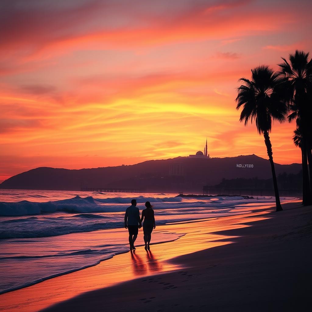 A breathtaking view of the scenic Los Angeles coastline during sunset, showcasing palm trees swaying gently in the breeze, waves crashing softly onto the sandy beach