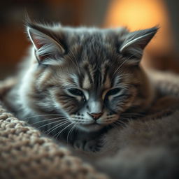 A close-up photograph of a sad-looking cat, with downturned eyes and droopy ears, sitting curled up in a cozy spot