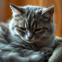 A close-up photograph of a sad-looking cat, with downturned eyes and droopy ears, sitting curled up in a cozy spot