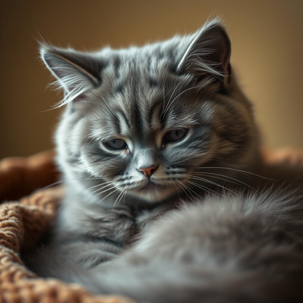 A close-up photograph of a sad-looking cat, with downturned eyes and droopy ears, sitting curled up in a cozy spot