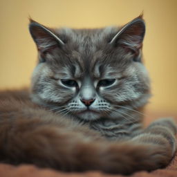 A close-up photograph of a sad-looking cat, with downturned eyes and droopy ears, sitting curled up in a cozy spot