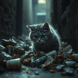 A melancholic scene featuring a sad cat rummaging through a pile of rubbish