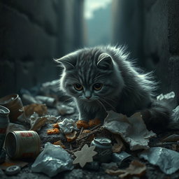 A melancholic scene featuring a sad cat rummaging through a pile of rubbish