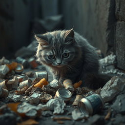 A melancholic scene featuring a sad cat rummaging through a pile of rubbish