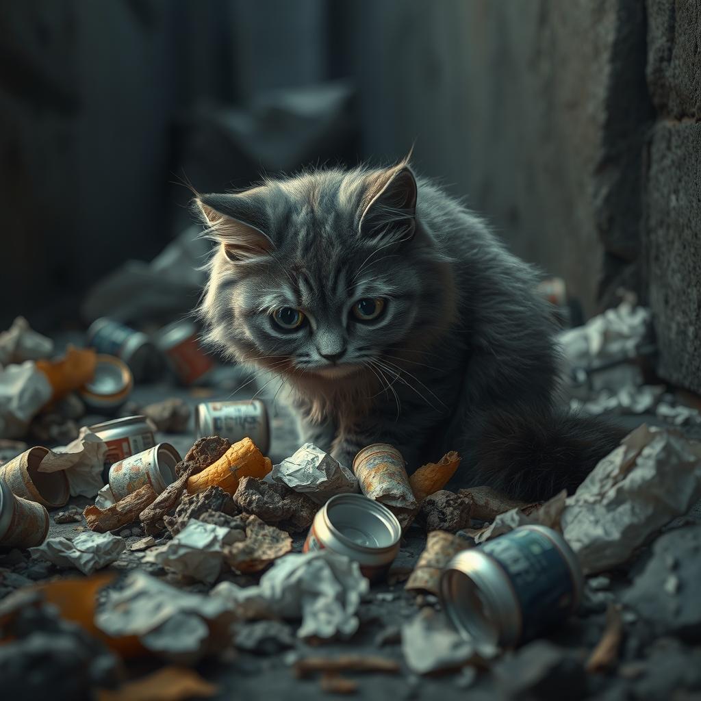 A melancholic scene featuring a sad cat rummaging through a pile of rubbish
