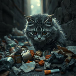 A melancholic scene featuring a sad cat rummaging through a pile of rubbish